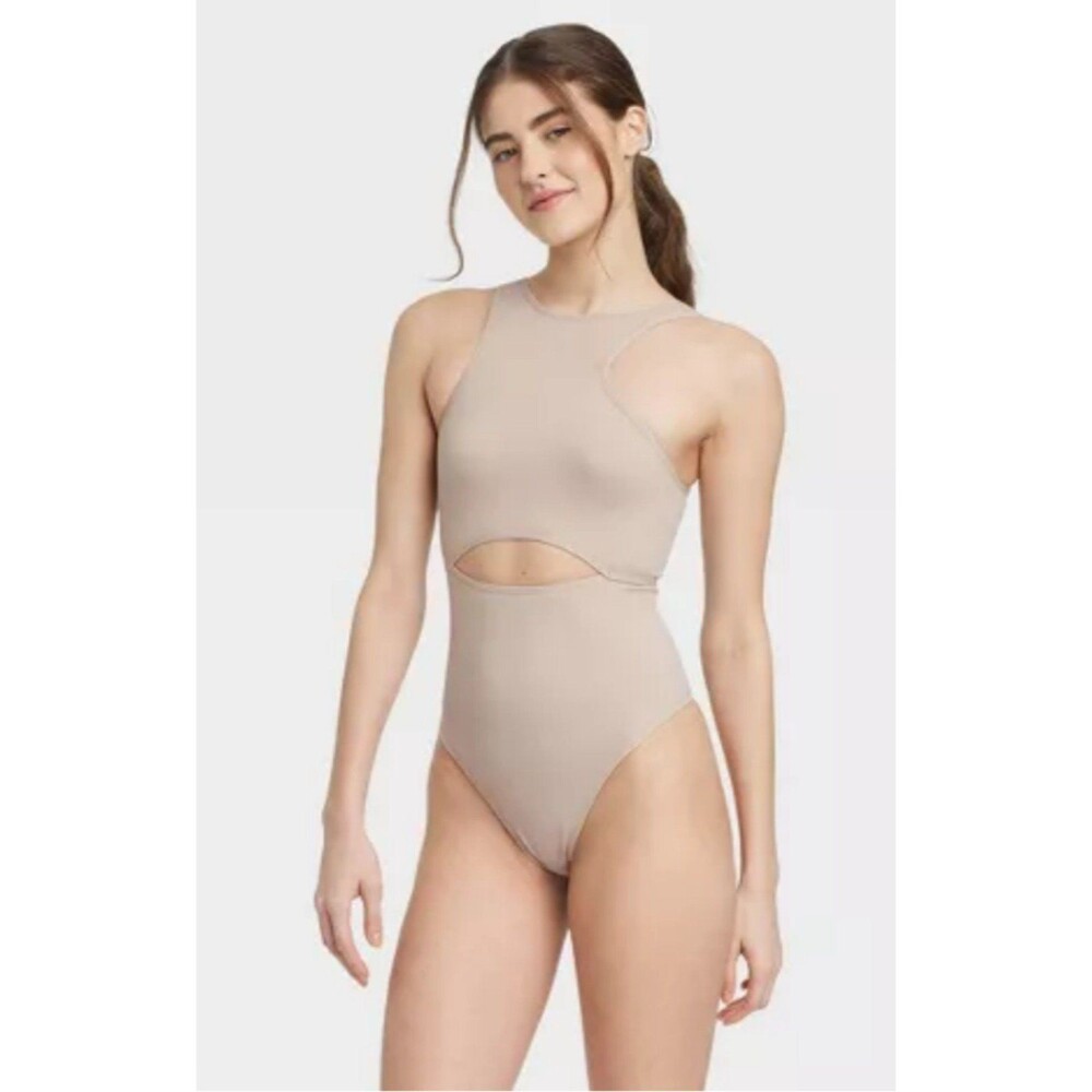 Women's Colsie Cut Out Sleeveless Bodysuit Beige Small